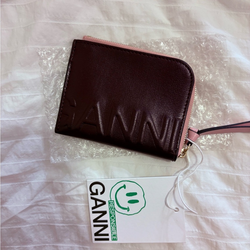 NWT GANNI Zip Logo Card Holder Burgundy Pink One Size Women's Wallet